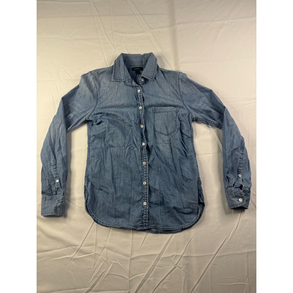 J. Crew Button Up Shirt Womens Size 2 Cotton Long Sleeve Blue Chest Pocket
